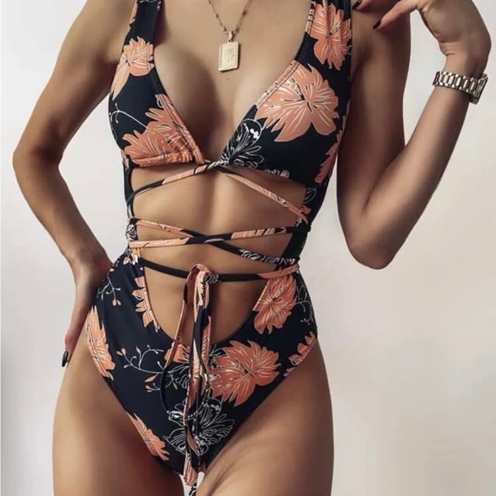 Floral Cut Out One Piece Bathing Suit